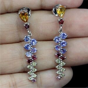 Natural Multi-Color Gem Drop Earrings 925 Sterling Silver Tanzanite, Citrine